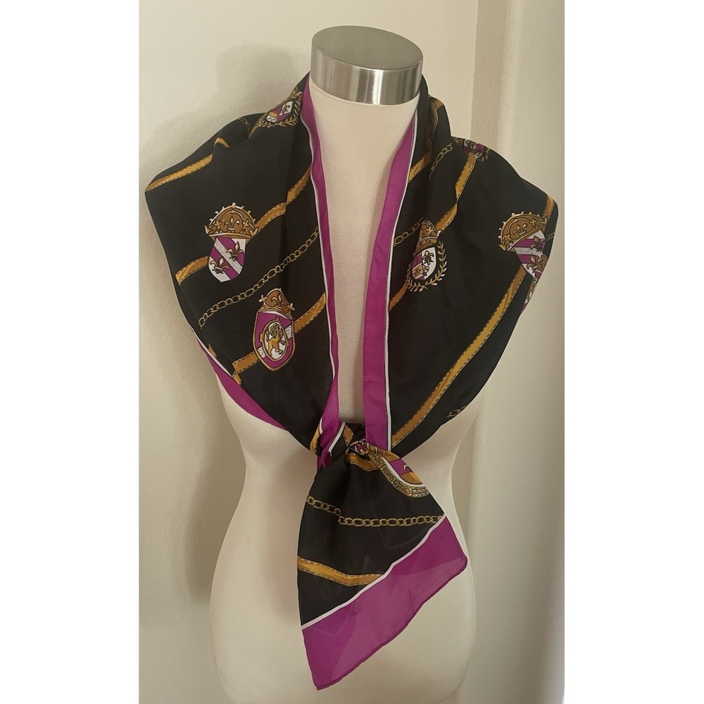 Vtg Glentex Purple Black Gold Heraldic Crest & Chains 11  x 54" Scarf Italy